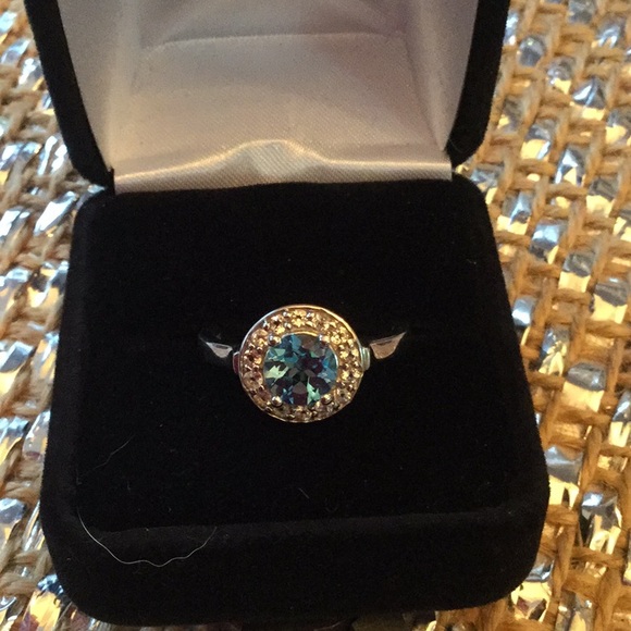 Genuine Electric Blue Topaz Halo Ring - Picture 2 of 8
